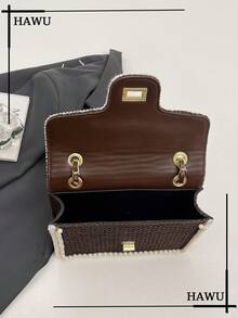 Fashion Pearl Design Straw Shoulder Bag, Small Square Bag For Beach Vacation - Coffee - View 6