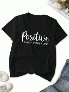 1 Pack playeras estampadas conjunto tshirt grafico LOVE, POSITIVE, PRETTY GOOD diseño moderno muyer Letras Casual diario casa - Negro - Ver 1