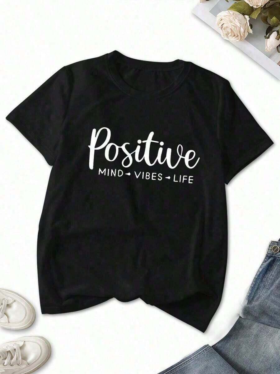 1 Pack playeras estampadas conjunto tshirt grafico LOVE, POSITIVE, PRETTY GOOD diseño moderno muyer Letras Casual diario casa - Negro - Ver 1