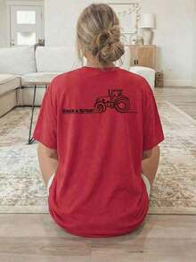 Women's Short-Sleeved Crew Neck T-Shirt, Perfect For Summer Holidays, Featuring A Tractor Print And The Text "Thanks To A Farmer". Machine Washable, Suitable For Casual Wear, Versatile,  T-Shirt Style, Comfortable 100% Cotton Material. - 紅色 - 查看 2