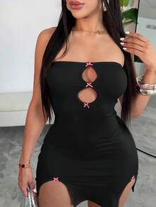 Vestido ajustado a la cadera en forma de corazón con tirantes de color liso para mujer - Negro - Ver 6