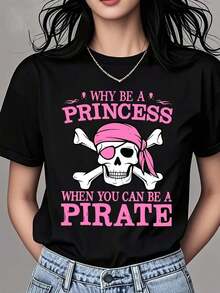 ropa de mujer Camiseta de cuello redondo para mujer Por qué ser princesa cuando puedes ser pirata Estampado de calaveras y huesos cruzados con bandana rosa Manga corta Ropa casual para salidas diarias y eventos divertidos camisas de mujer - Negro - Ver 6
