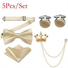 New Silk Bow Tie Set For Men, Available In 9 Colors, Includes Crown Flower Lapel Pin, Handkerchief And Cufflinks - A - View 15