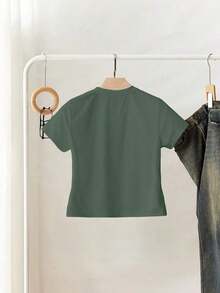 Camiseta casual de mujer con cuello redondo, manga corta, estampado de lunares y decoración de corazón con perlas falsas - Verde - Ver 2