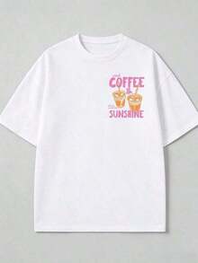 2026 "Café Helado y Sol" Camiseta con Estampado de Taza Naranja |      Ropa de Mujer, Corte Holgado, Tops de Verano, Estilo Primaveral, Camiseta Estética y Cómoda de Algodón, de Alta Calidad para el Verano - Blanco - Ver 2