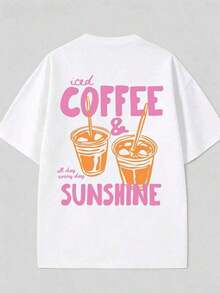 2026 "Café Helado y Sol" Camiseta con Estampado de Taza Naranja |      Ropa de Mujer, Corte Holgado, Tops de Verano, Estilo Primaveral, Camiseta Estética y Cómoda de Algodón, de Alta Calidad para el Verano - Blanco - Ver 3