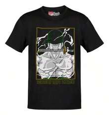 Camiseta de Algodón Vintage de Anime Japonés, Tops de Verano, Conjunto Familiar a Juego, Camiseta Roronoa Zoro con Letras Verdes y Caja Amarilla, Regalos para Fanáticos del Anime, Tallas para Adultos y Niños - Negro - Ver 8