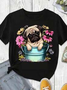 Elegante y casual para mujer, manga corta, camiseta con estampado de perro pug en un cubo y jardín de flores, ropa casual de verano, top blanco para mujer para salidas diarias y temporada de primavera. - Negro - Ver 3