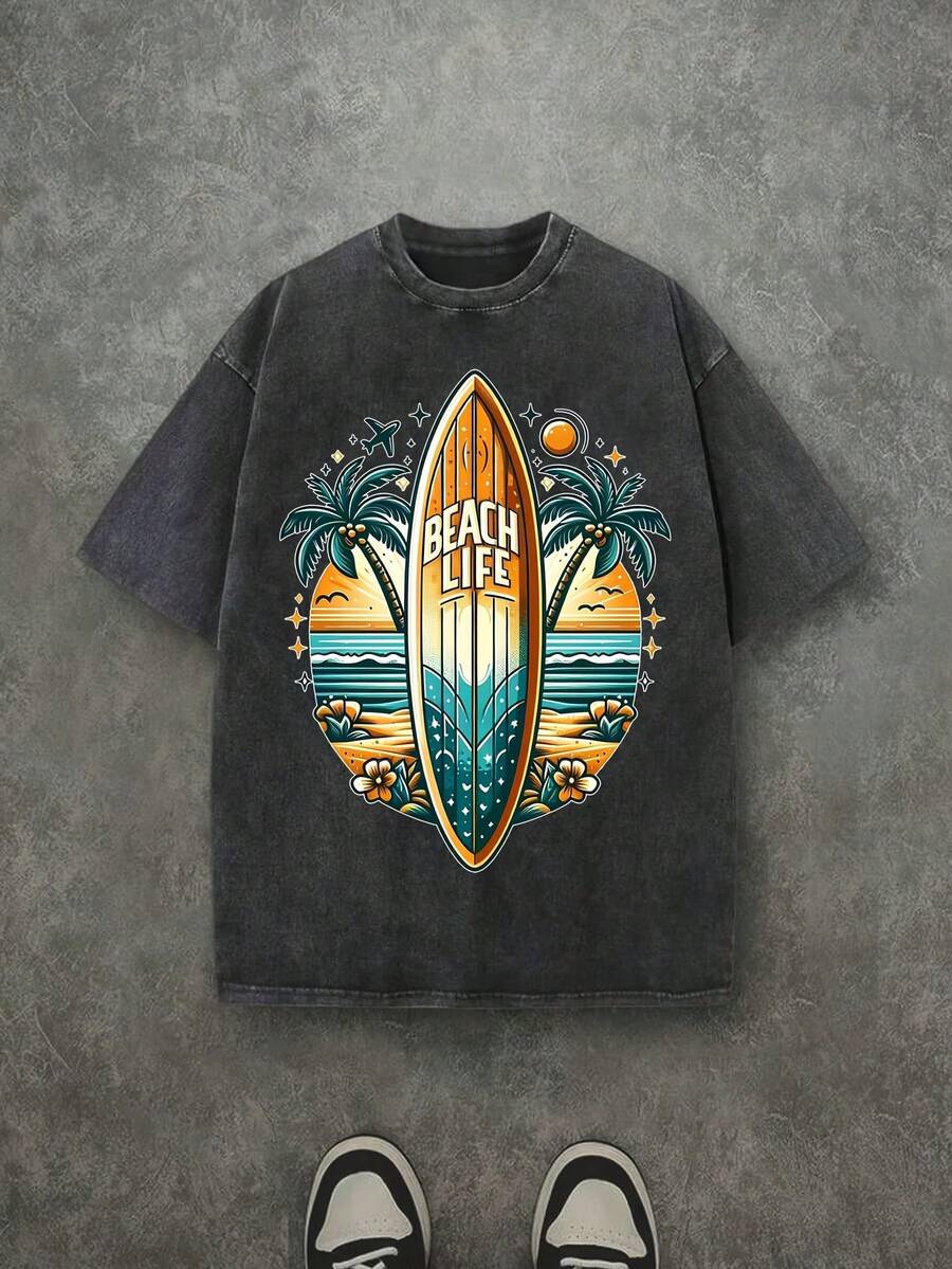 Camiseta casual vintage cómoda y lavada para mujer, camiseta de manga corta con cuello redondo,% algodón lavado y versátil para hombre, adecuada para uso diario y atuendos de, estilo unisex. - Negro - Ver 1