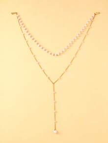 1 Peça Colar Dourado de Duas Camadas com Borla de Pérola e Decote Nas Costas, Acessório Elegante para Mulheres, Adequado para Casamento, Noivado - Dourado - Visão 8