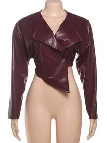 Chaqueta de cuero PU lisa diseño cinturado corto al ombligo estilo moderno para mujer - Burdeos - Ver 5