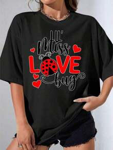 Black And White T-Shirt For Girls, Cute Ladybug And Heart Print T-Shirt For Valentine's Day And Romantic Occasions, Outdoor Parties, Casual Printed T-Shirt 180g - 黑色 - 查看 7