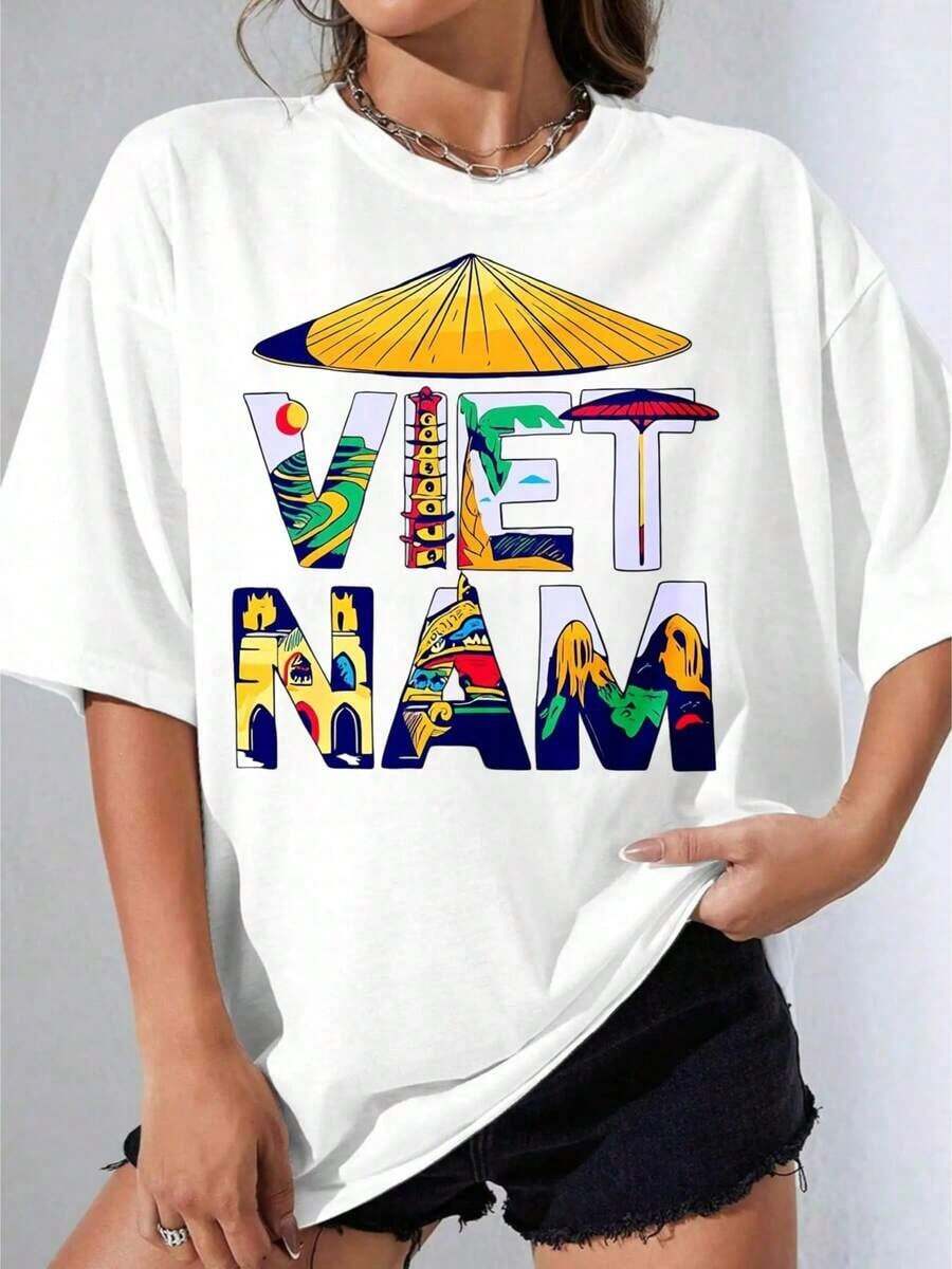 Camisetas de Mujer, Manga Corta Casual para Fiesta, Camiseta de Viaje OneVietnam Blanca con Estampado de Lugares Emblemáticos y Cultura de Vietnam, Ropa Casual para Mujeres y Hombres 180g - Blanco - Ver 1