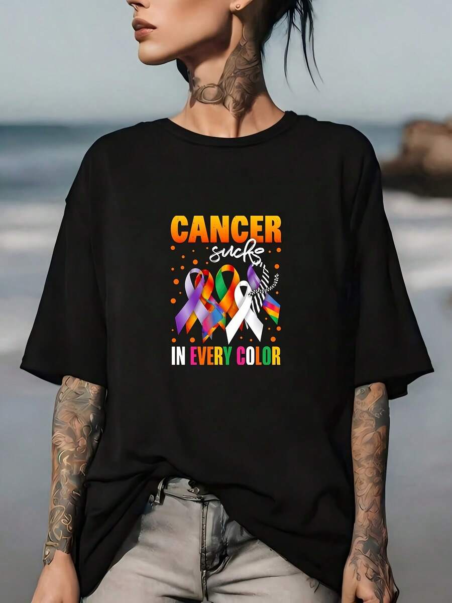 El cáncer está en todas partes - Camiseta llamativa con lazo de 180g para promover la conciencia, ropa de verano ideal para regalar a familiares y equipos de oficina. - Negro - Ver 1