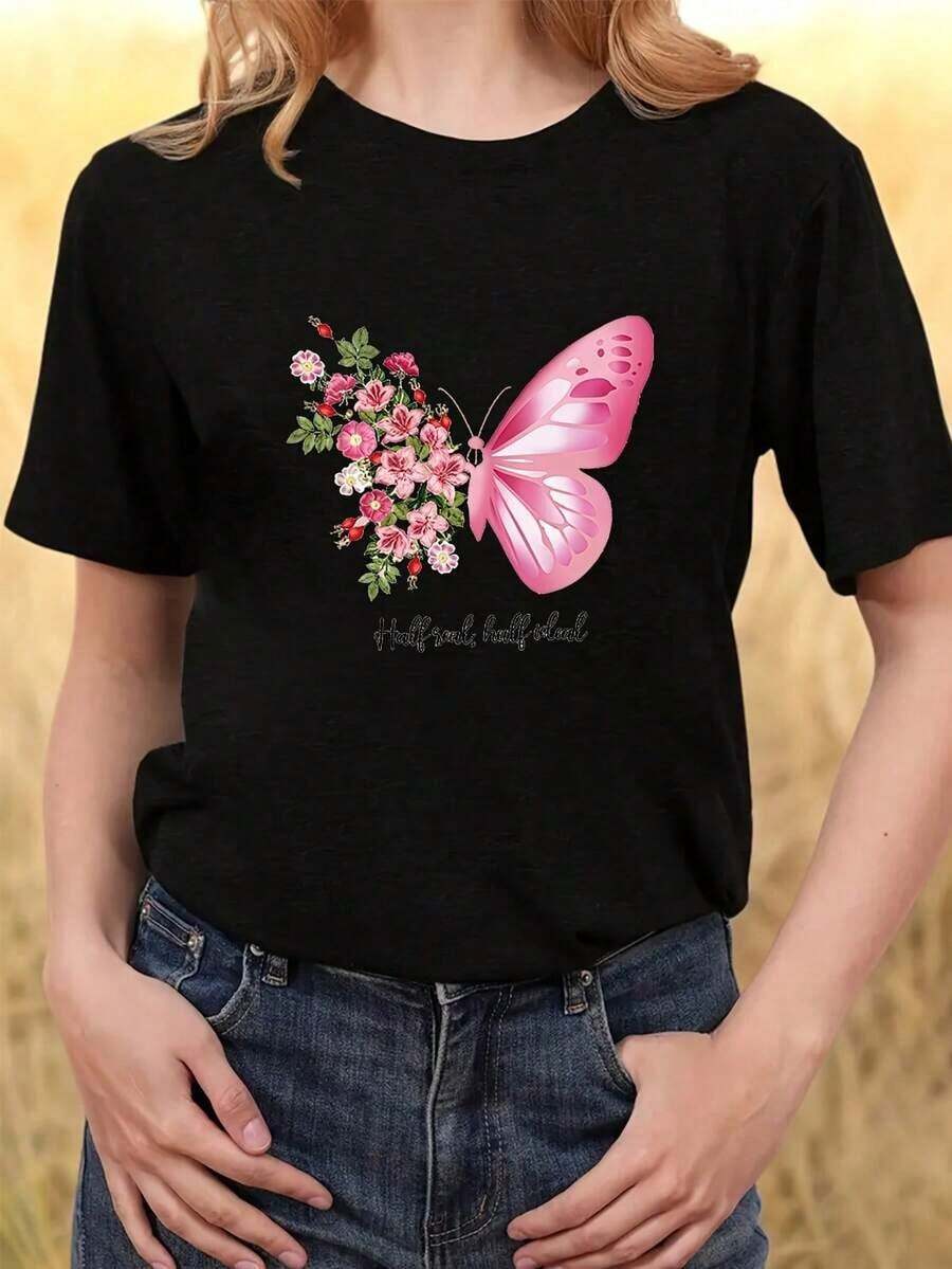 Camiseta con Estampado Floral de Mariposas Rosadas |   Camiseta de Mujer, Estilo Casual, Manga Corta, Negra, Holgada, Nueva Colección de Verano - Negro - Ver 1