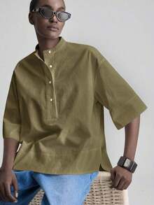 de diseño versátil y casual de serie esencial con sensación de lujo minimalista, con cuello redondo, hombros caídos y diseño suelto, silueta corta por delante y larga por detrás, de estilo urbano moderno y elegante para oficina, ideal para bod - Verde militar - Ver 4