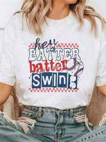 Camiseta de Cuello Redondo Suave y Transpirable para Mujer - ¡Bat-Ter Swinging!Camiseta Casual de Manga Corta con Estampado Gráfico de Béisbol para Primavera Verano, Lavable a Máquina, Ajuste Cómodo, Estilo Unisex - Blanco - Ver 1