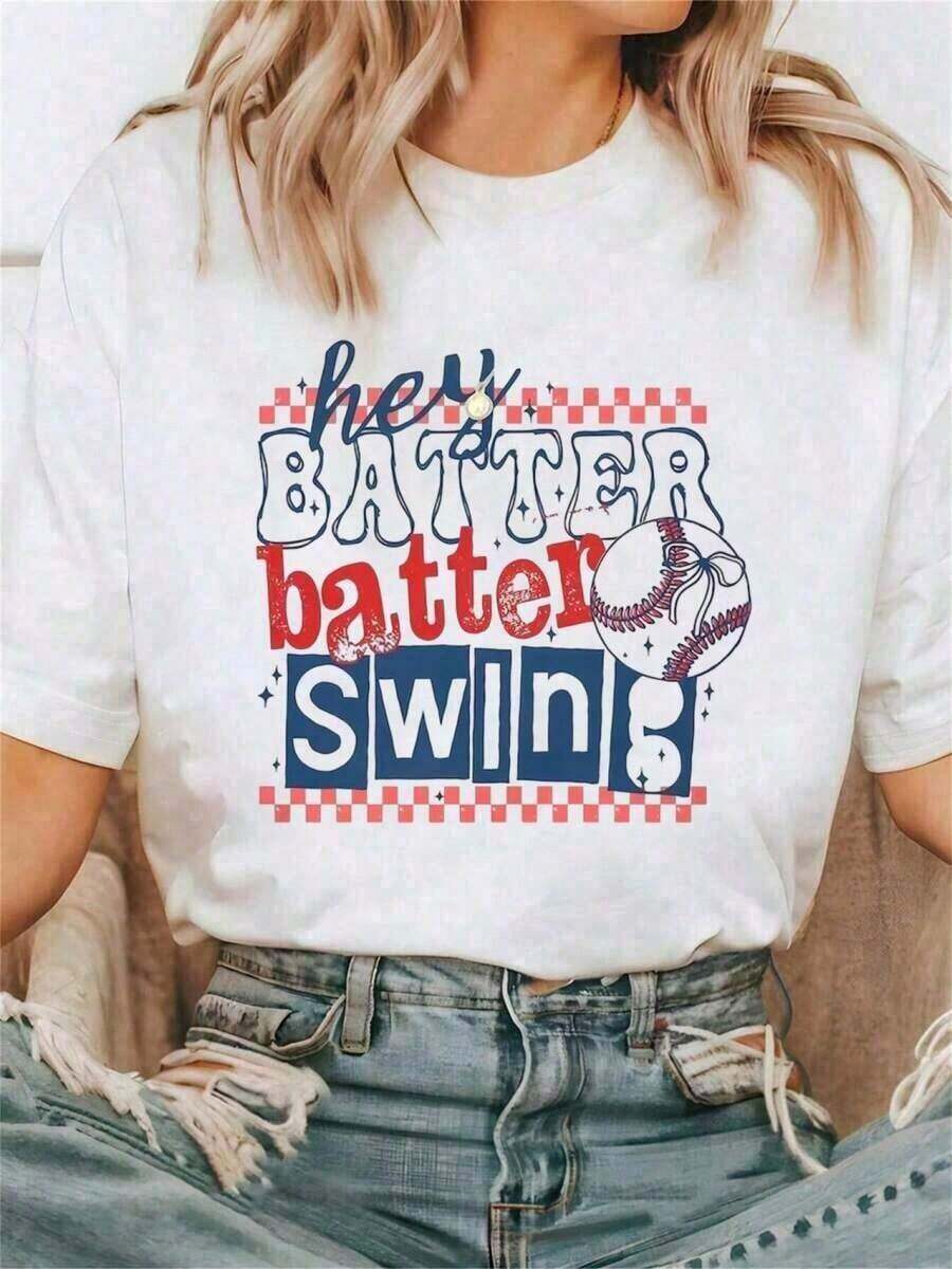 Camiseta de Cuello Redondo Suave y Transpirable para Mujer - ¡Bat-Ter Swinging!Camiseta Casual de Manga Corta con Estampado Gráfico de Béisbol para Primavera Verano, Lavable a Máquina, Ajuste Cómodo, Estilo Unisex - Blanco - Ver 1
