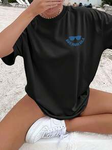 Camiseta de edición limitada con estampado gráfico, hombros caídos, manga corta, cuello redondo, estilo casual para primavera y verano, ropa de mujer, algodón ligero. - Negro - Ver 2