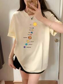 Edición Limitada: Camiseta de Manga Corta para Mujer, Estilo Diseñador, Color Gris Claro, con Estampado de Sol, Luna y Estrellas, Moda de Verano, Versátil, Holgada, Cuello Redondo, Estilo Y2K, Algodón Ligero - Albaricoque - Ver 12