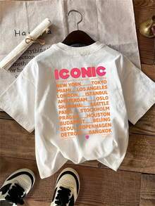 -Letter Print Shirt, Casual Short-Sleeved, Round-Neck Top For Summer And Spring, Women's Clothing, Men's Summer Outfit. - White - View 1