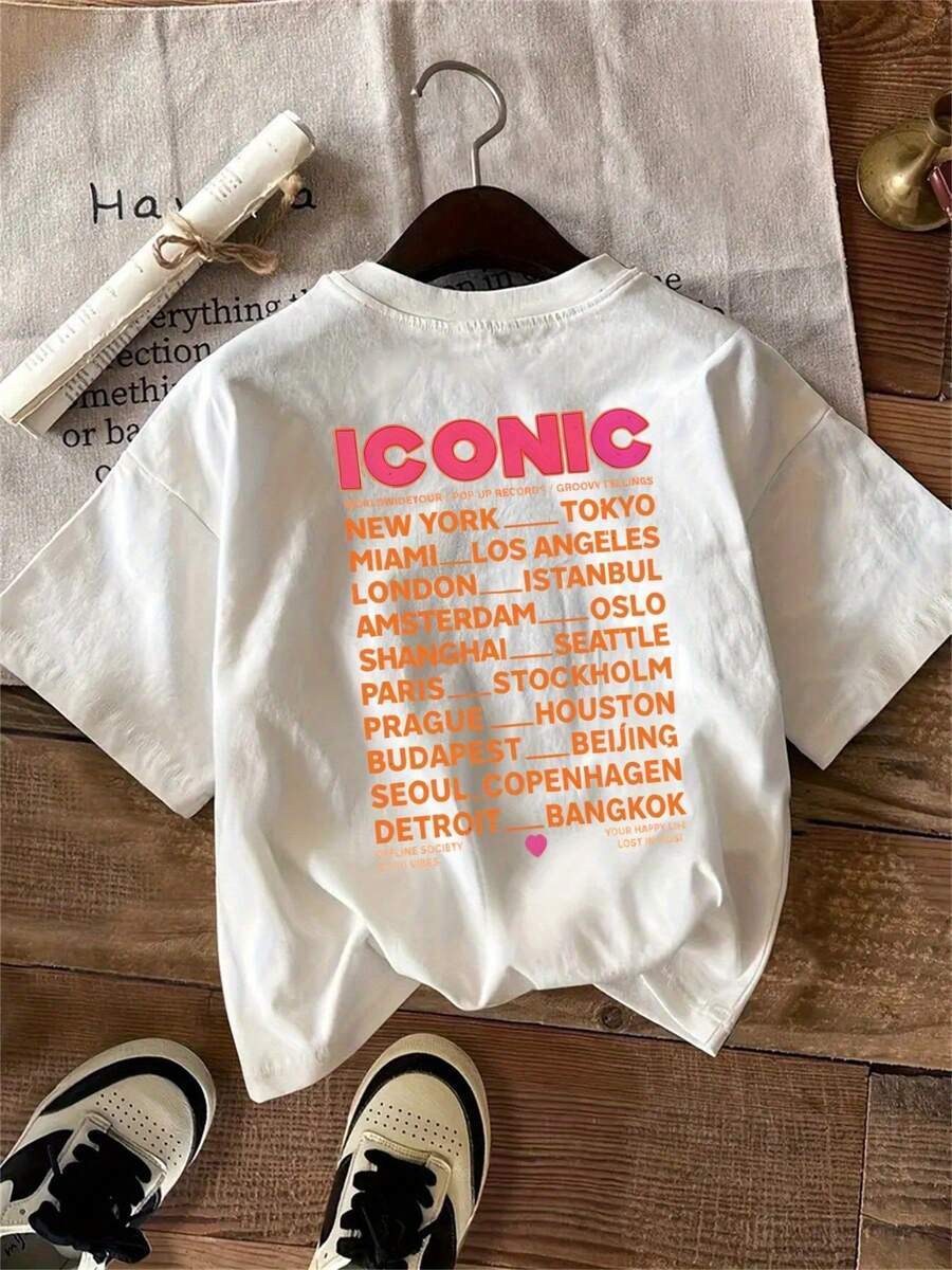 -Letter Print Shirt, Casual Short-Sleeved, Round-Neck Top For Summer And Spring, Women's Clothing, Men's Summer Outfit. - White - View 1