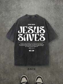 Camiseta Retro Lavada con Estampado a Doble Cara (Camiseta de 230 g de Algodón Puro) con la Frase 'JESÚS SALVA', Regalo Cristiano, Camiseta para Hombre, Casual, Cómoda, a la Moda, Estilo Urbano de Algodón - Negro - Ver 2