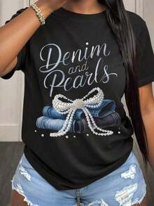 Camisetas de mujer de mezclilla y perlas con lazo, para vacaciones de verano en la playa, atuendo para mujeres con estilo. Camiseta de mezclilla y perlas con diseño de lazo coqueta - Estilo callejero vintage, unisex, holgada, de algodón, manga corta, cuello redondo. Blusas para mujer. blusas.blusas casuales para dama. - Negro - Ver 2