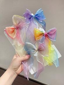 3pcs Random Colorful Dreamy Bowknot Hair Clips, Gradient Rainbow Organza Material Hair Accessories Suitable For Daily, Outing, Party, Photo Shoot For Kids - Multicolor - View 2