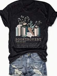 PeCHaR Book Shirts For Women Booktrovert Reading Shirt Librarian Shirts Book Lover Gift Shirt Teacher Graphic Tee Tops - Black - View 1