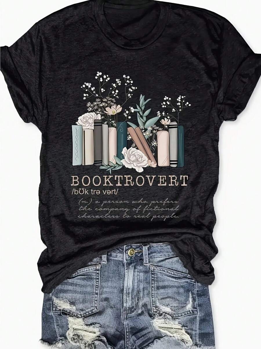 PeCHaR Book Shirts For Women Booktrovert Reading Shirt Librarian Shirts Book Lover Gift Shirt Teacher Graphic Tee Tops - Black - View 1