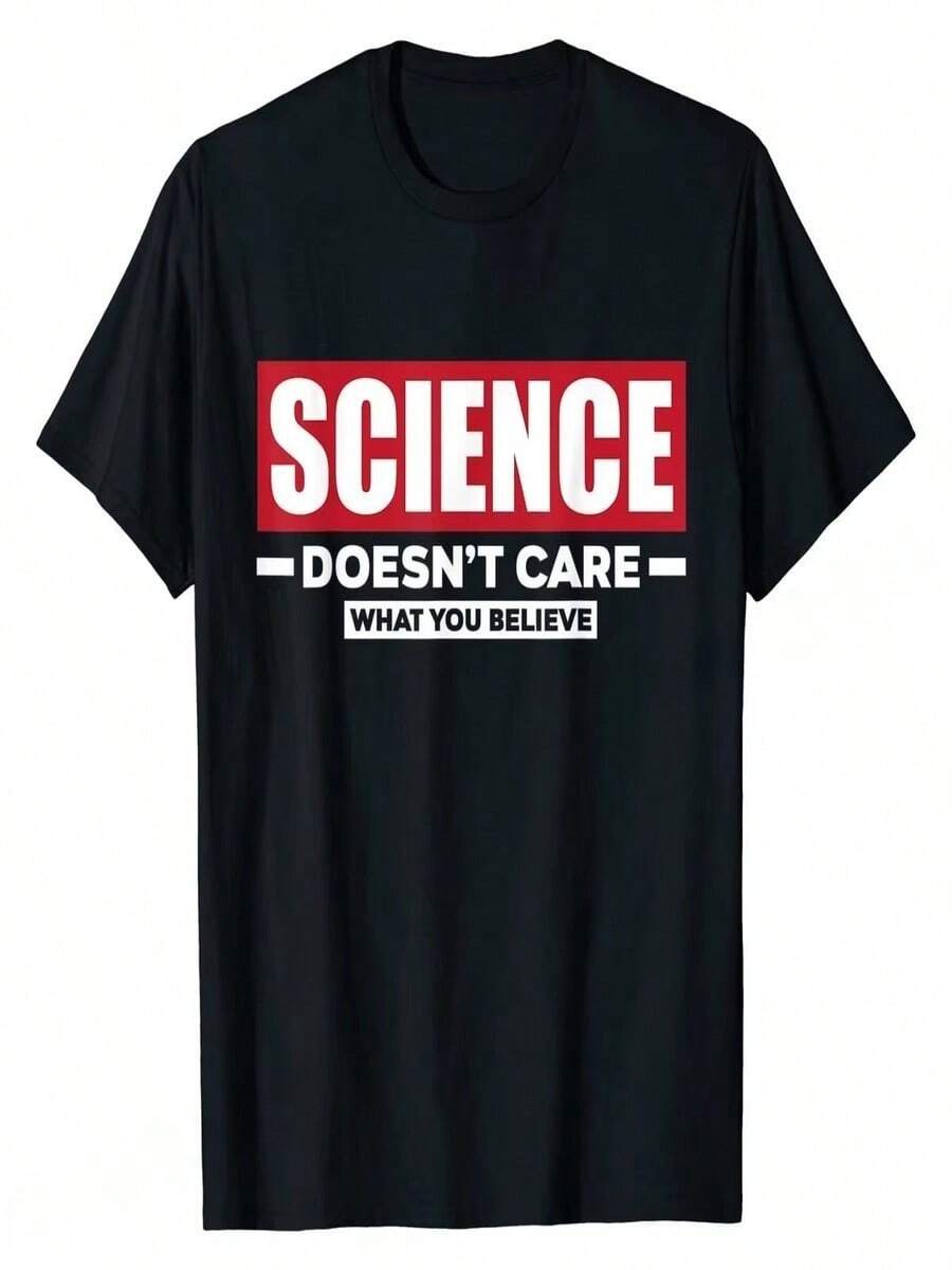Camiseta femenina con estampado científico divertido, manga corta, nueva colección 2026, "A la ciencia no le importa lo que creas". - Negro - Ver 1