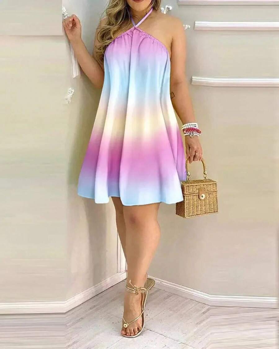 Vestido con cuello halter y estampado floral Vestido halter sin espalda bohemio para primavera y verano Ropa de mujer - Rosa - Ver 1