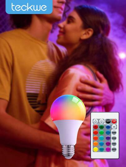 Teckwe 可调光LED灯泡，RGB变色灯泡，16种颜色可选，4种照明模式，便携式LED灯泡，带遥控器，适用于家居装饰、卧室、舞台、派对装饰、情人节等场合。