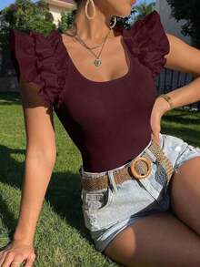 Camiseta de manga corta ajustada con cuello cuadrado de unicolor para mujeres - Burdeos - Ver 6