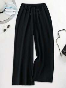 Pantalones anchos y largos sueltos de moda para mujeres de talla grande - Negro - Ver 6
