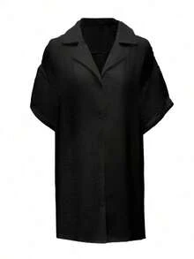 Camisa kimono de unicolor sexy de manga corta y de una sola hilera para mujer de talla grande - Negro - Ver 7