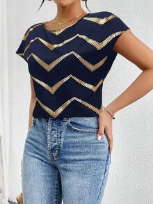 Blusa de mangas tipo murciélago de satén de unicolor, blusas de manga corta - Azul marino - Ver 6