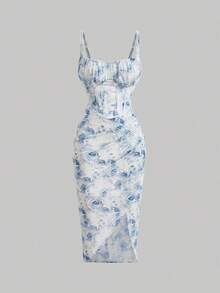 Vestido de tirantes finos con estampado floral, cintura imperio y bajo asimétrico - Azul - Ver 5