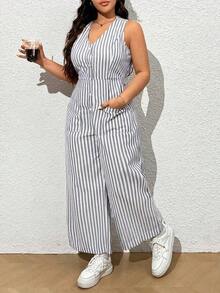 Enterizo casual sin mangas de talla grande con cuello en V y estampado de rayas con botón de un solo pecho - Gris - Ver 3