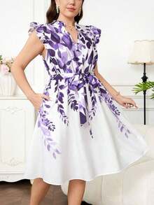 Vestido con estampado gráfico, cuello con muesca, volantes, cinturón, lunares, vestidos para mujer, vestidos casuales de primavera, vestidos de picnic, vestidos de verano, vestidos de primavera, vestidos de festival, vestidos de Pascua, vestid - Multicolor 7 - Ver 8