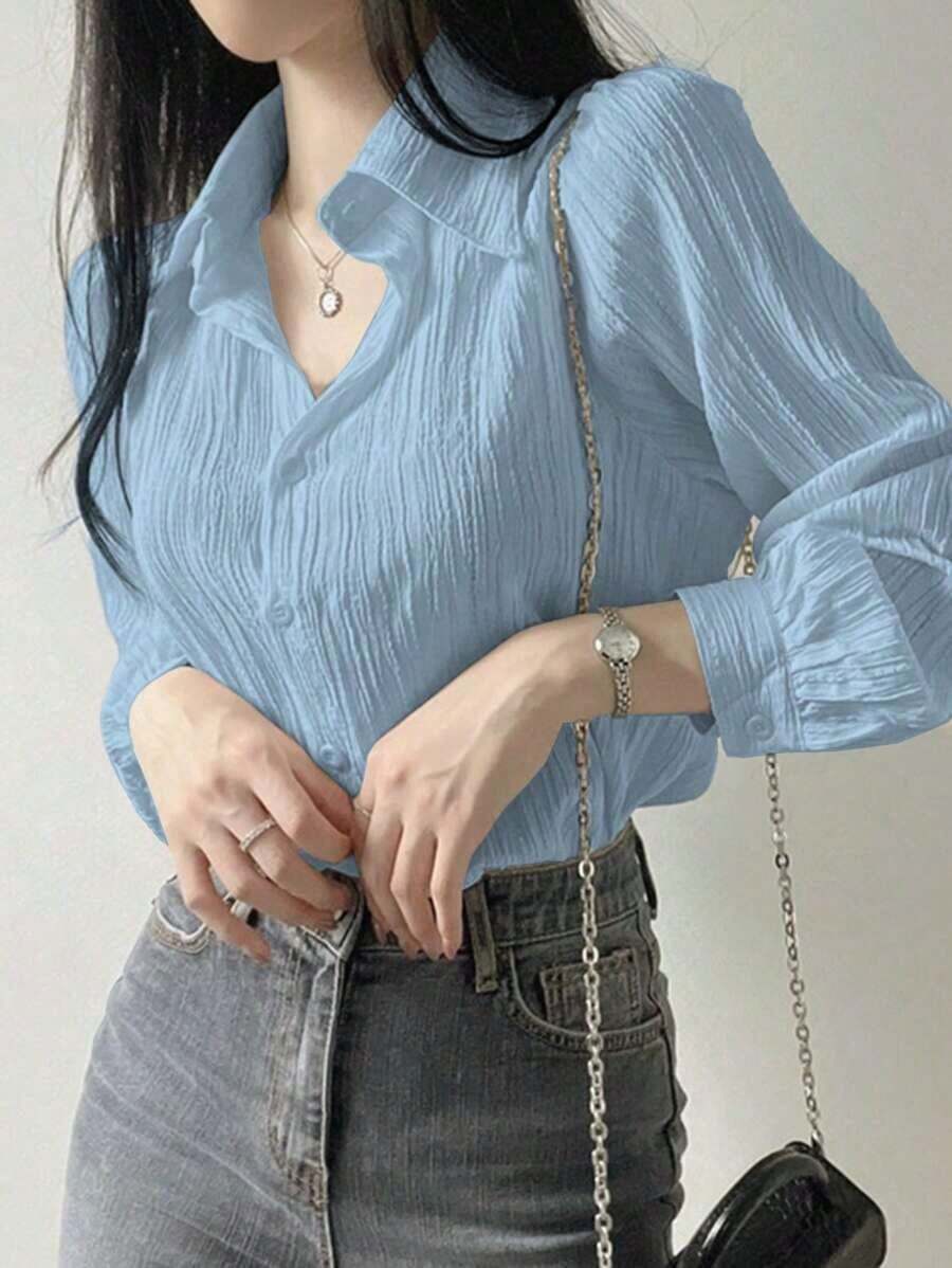 Blusa suelta de unicolor con cuello vuelto y pliegues para mujer, color morado, para primavera/verano/otoño, ropa de mujer de manga larga - Celeste - Ver 1