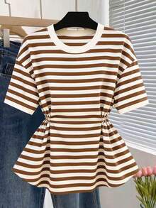 Camiseta de manga corta de cuello redondo con cintura a rayas, casual de verano para mujer - Marrón - Ver 1