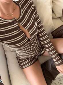 Conjunto de top de manga larga y pantalones cortos a rayas en marrón y azul, para primavera/otoño - Marrón - Ver 9
