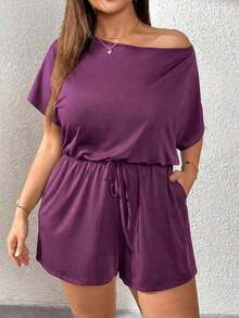 Mono de talla grande para mujer, ropa de verano, shorts, hombros descubiertos y graciosos, conjunto de verano para mujer, atuendo de rave de festival, conjunto de verano para vacaciones de mujer, mono casual de mujer - Rojo violeta - Ver 1