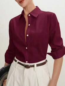 2026 Nueva Camisa Básica Versátil y Elegante para Mujer con Botones Delanteros y Cuello Mao en Color Azul Claro, Adecuada para Ir al Trabajo, Uso Diario, Estilo Retro de los 90, Navidad, Año Nuevo, Fiesta de San Valentín, Playa, Graduación, Moda, - Burdeos - Ver 12