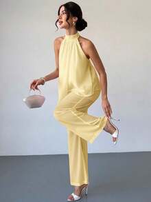 Conjunto de blusa y pantalones rectos holgados de mujer, elegante y casual para oficina, de gasa rosa con cuello de halter sin mangas y dobladillo asimétrico suelto, nuevo para primavera/verano - Amarillo - Ver 2