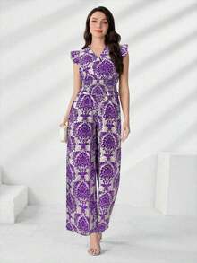 Conjunto de 2 piezas con parte superior con volantes y estampado de plantas en toda la superficie, y pantalones de pierna ancha - Morado - Ver 3