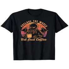 Camiseta casual de algodón de manga corta con cuello redondo para mujer con divertido estampado gráfico de café Cthulhu, top de longitud regular para uso diario - Negro - Ver 1