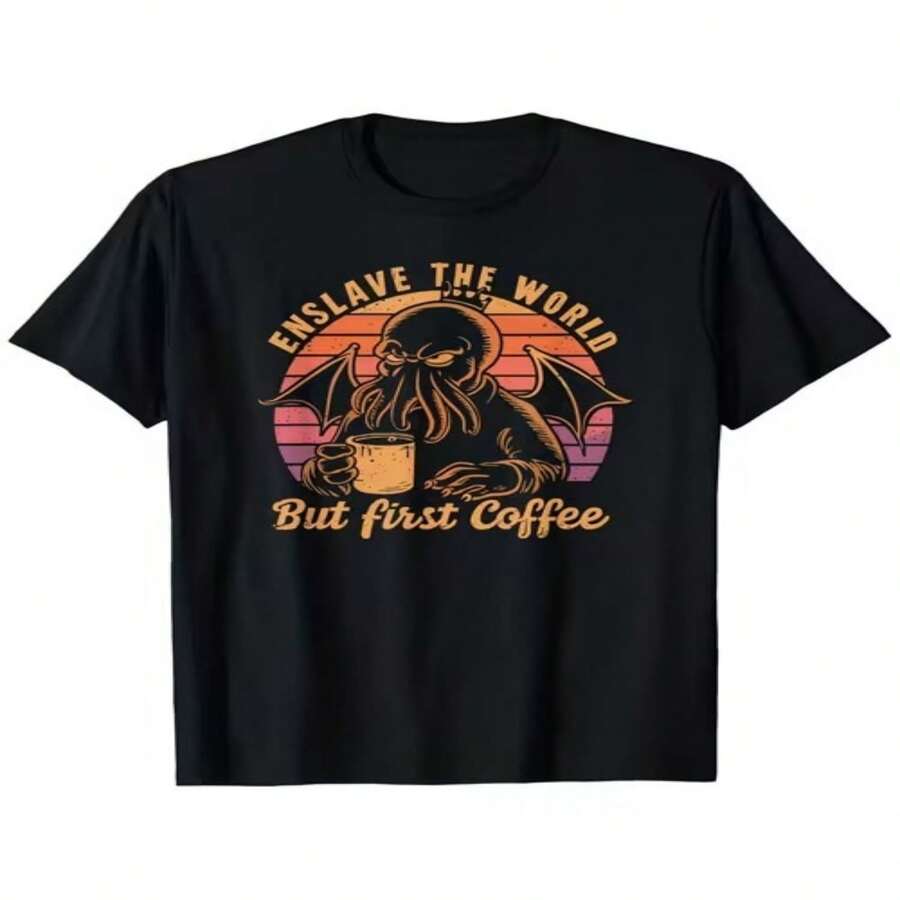 Camiseta casual de algodón de manga corta con cuello redondo para mujer con divertido estampado gráfico de café Cthulhu, top de longitud regular para uso diario - Negro - Ver 1